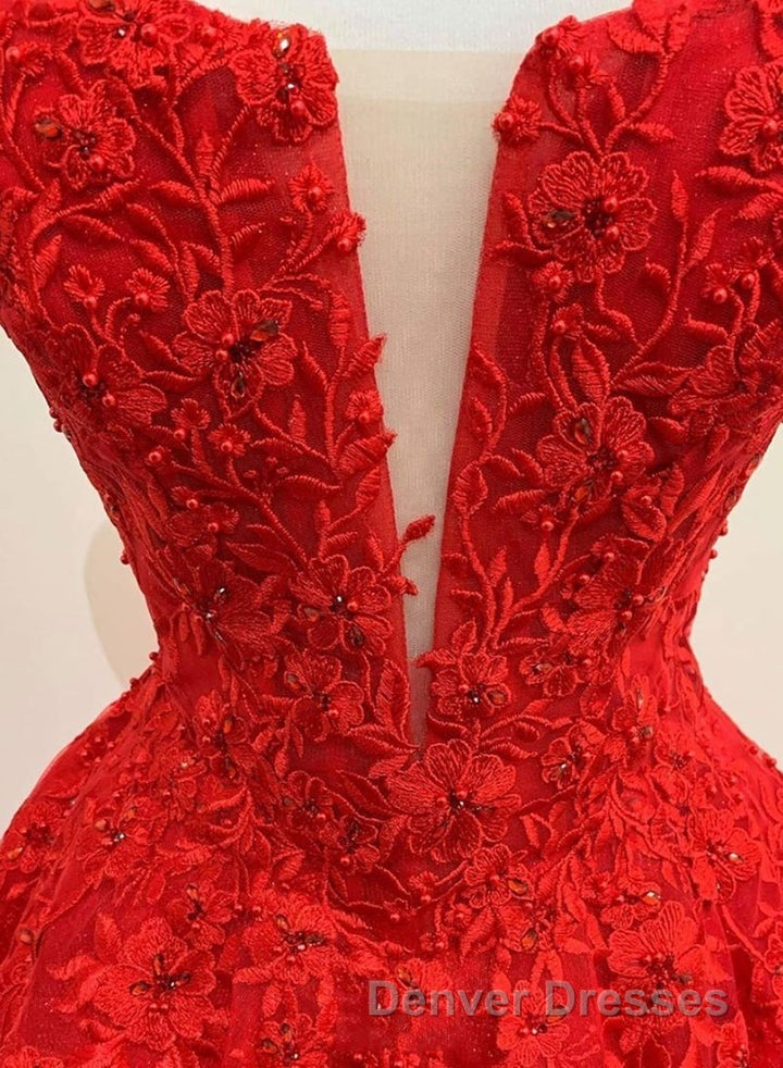 Red Tulle Lace A Line Formal Evening Dress Appliques Long Prom Dress