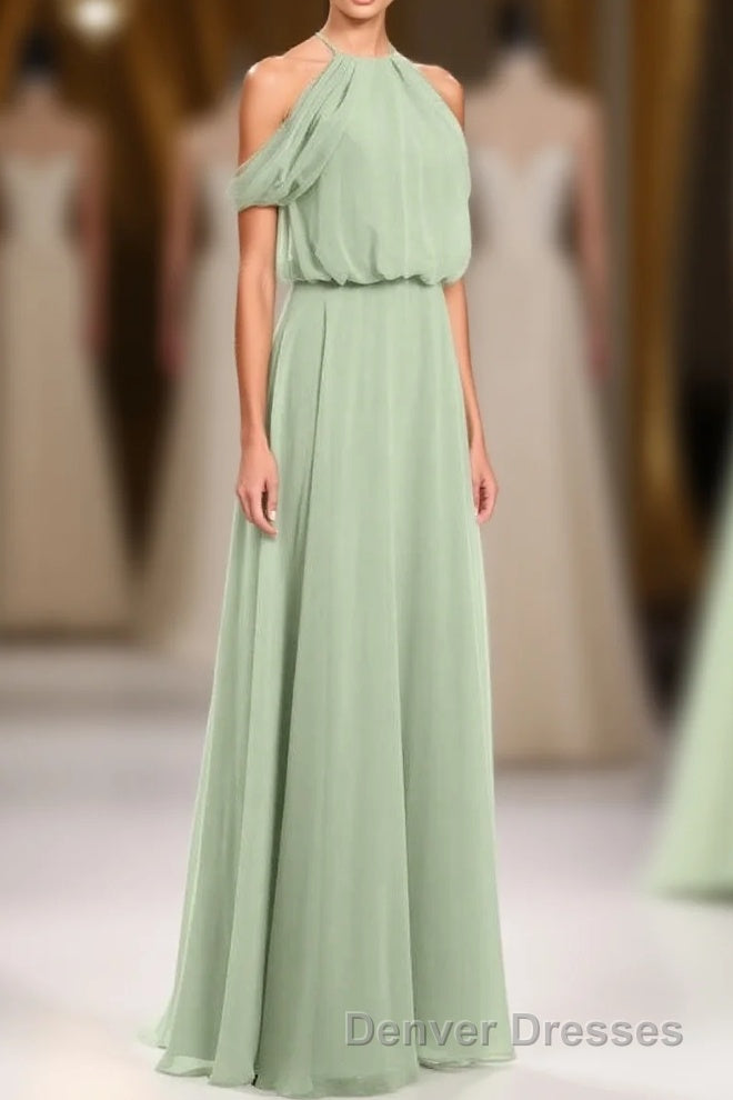 Sage Green Chiffon Halter Blouson-Style Long Bridesmaid Dress Main image