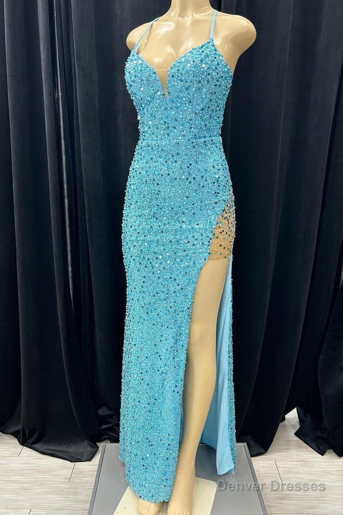 Blue Mermaid Sequins V Neck Lace-Up Back Long Prom Dress with Slit Main image