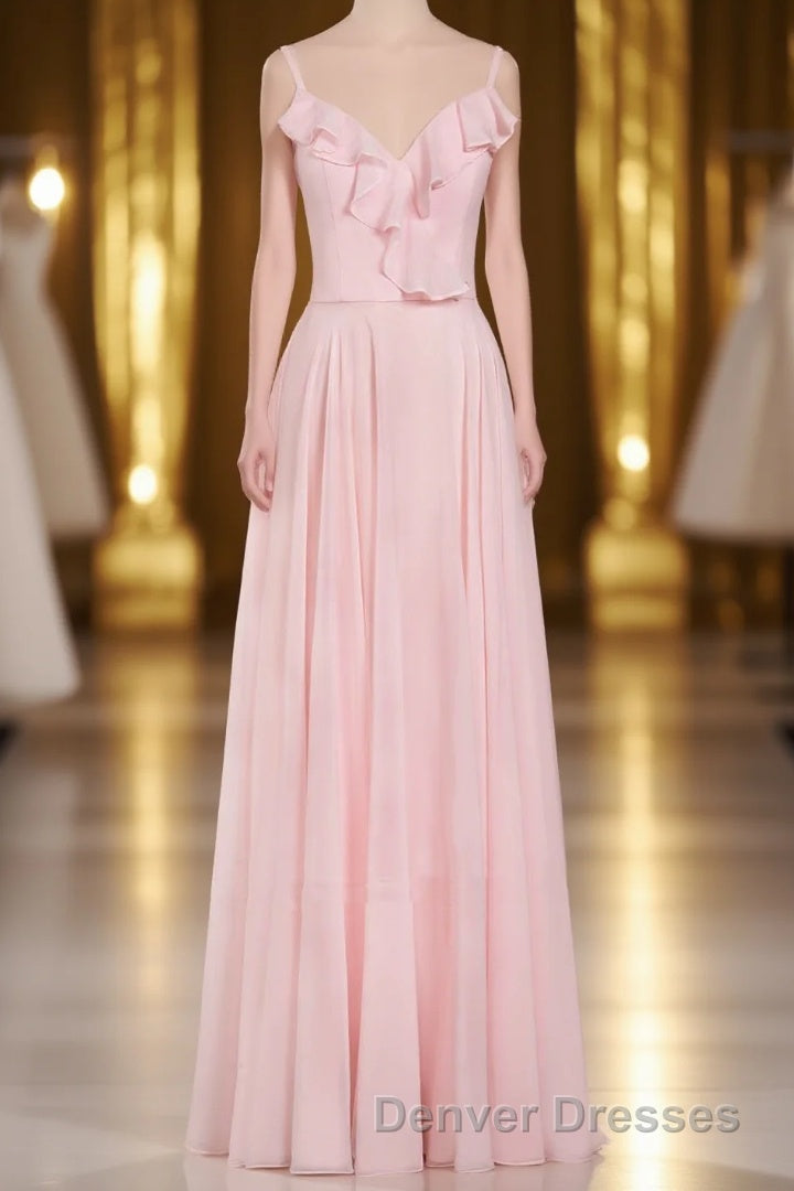 Pink Ruffle Lace-Up A-Line Long Bridesmaid Dress