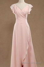 Blush Pink V-Neck Ruffled Long Bridesmaid Dress