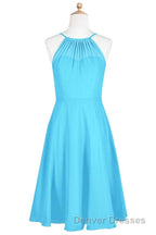 Pool Blue Chiffon Halter Short Bridesmaid Dress