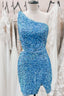 Sky Blue One Shoulder Sequins Sheath Cut-Out Homecoming Dress