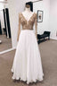Champagne A-line V Neck Long Sleeves Chiffon Long Prom Dress