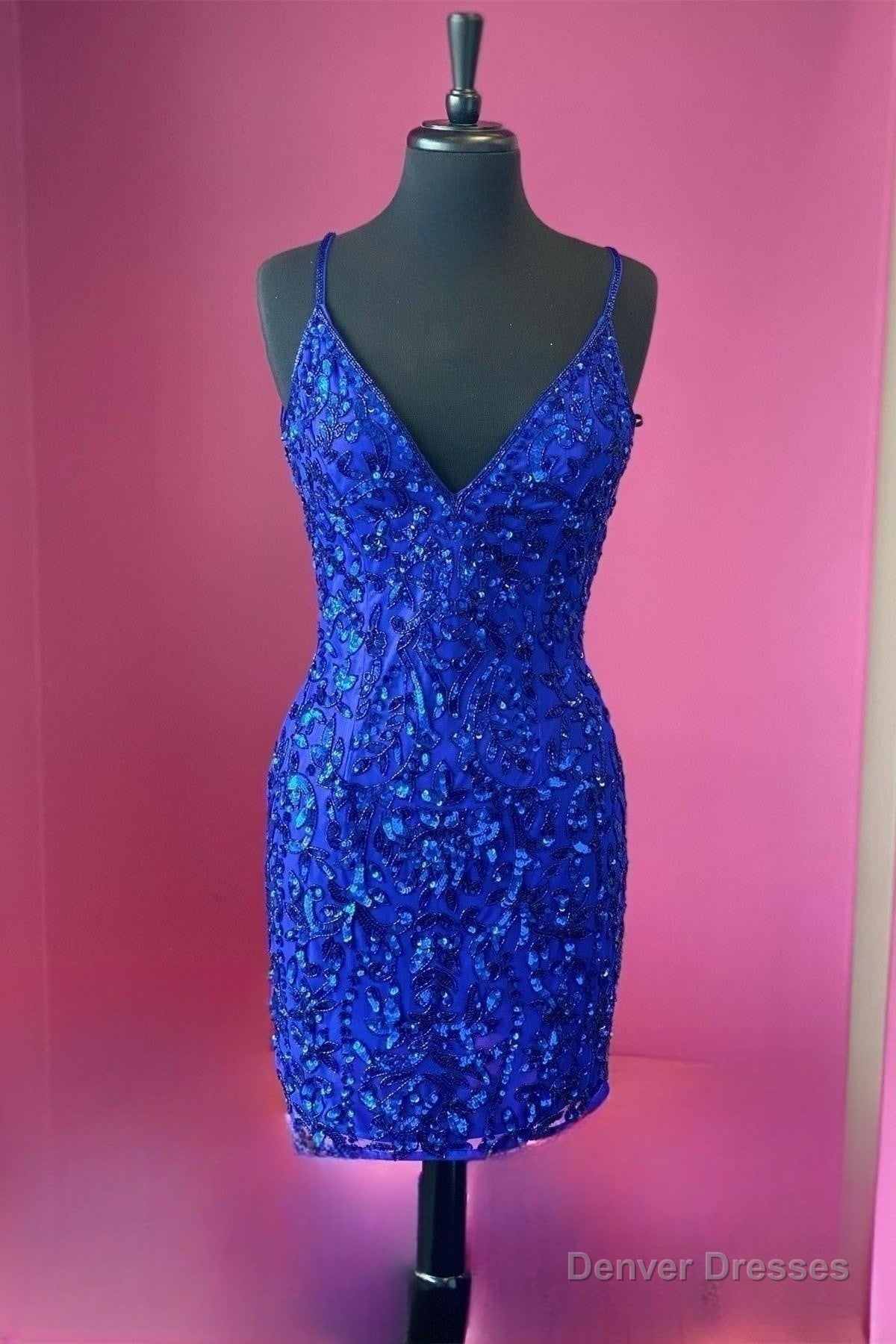 Royal Blue Sequins Deep V Neck Straps Sheath Homcoming Dress Main image