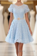 Cute Blue Lace Short Prom Dress, Blue Homecoming Dress