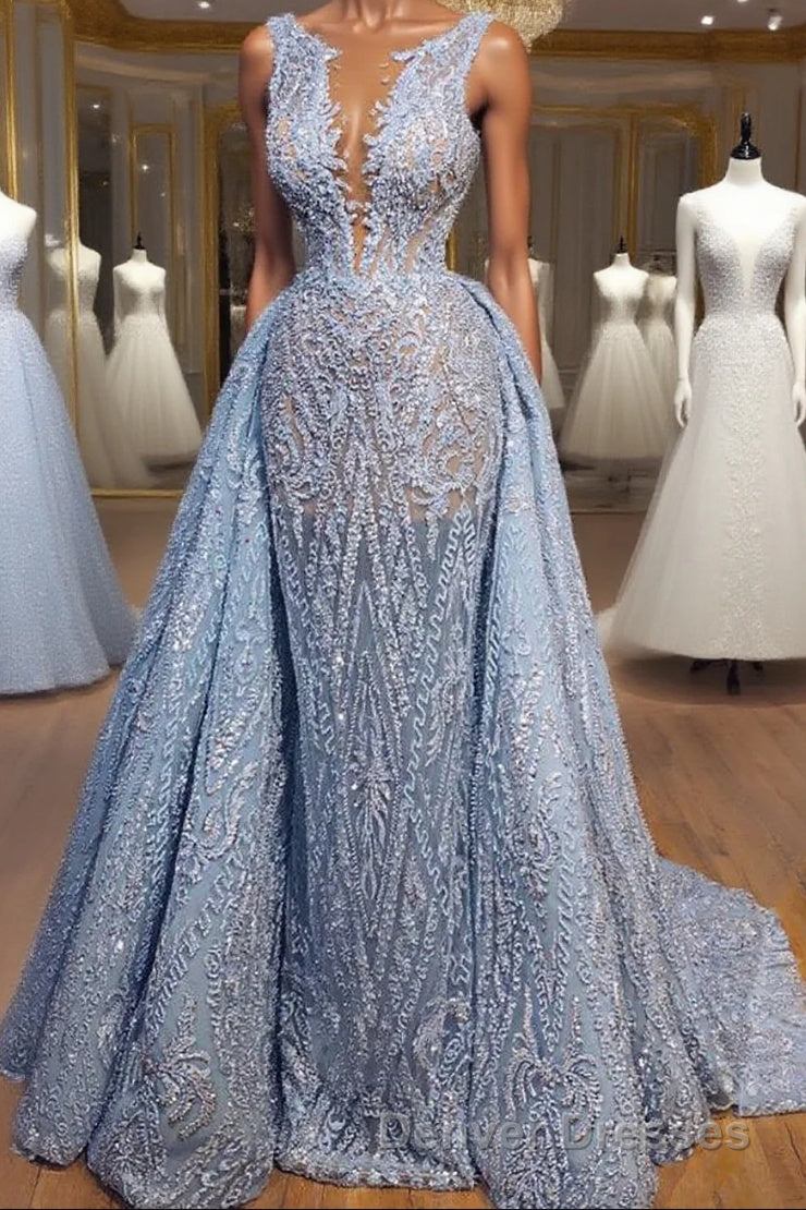 Elegant Blue Lace Sleeveless Deep V Neck Prom Dress Party Dress Main image