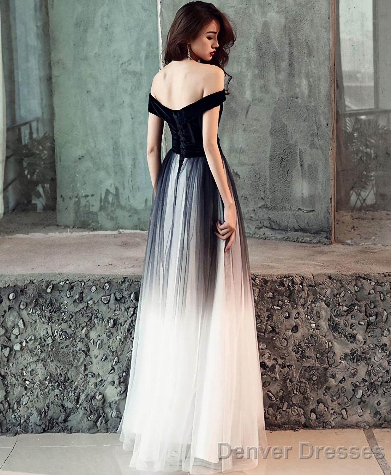 Simple Tulle Off Shoulder Black Long Prom Dress Black Tulle Evening Dress