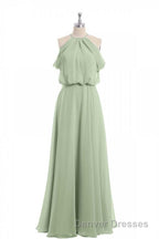 Sage Green Chiffon Halter Blouson-Style Long Bridesmaid Dress