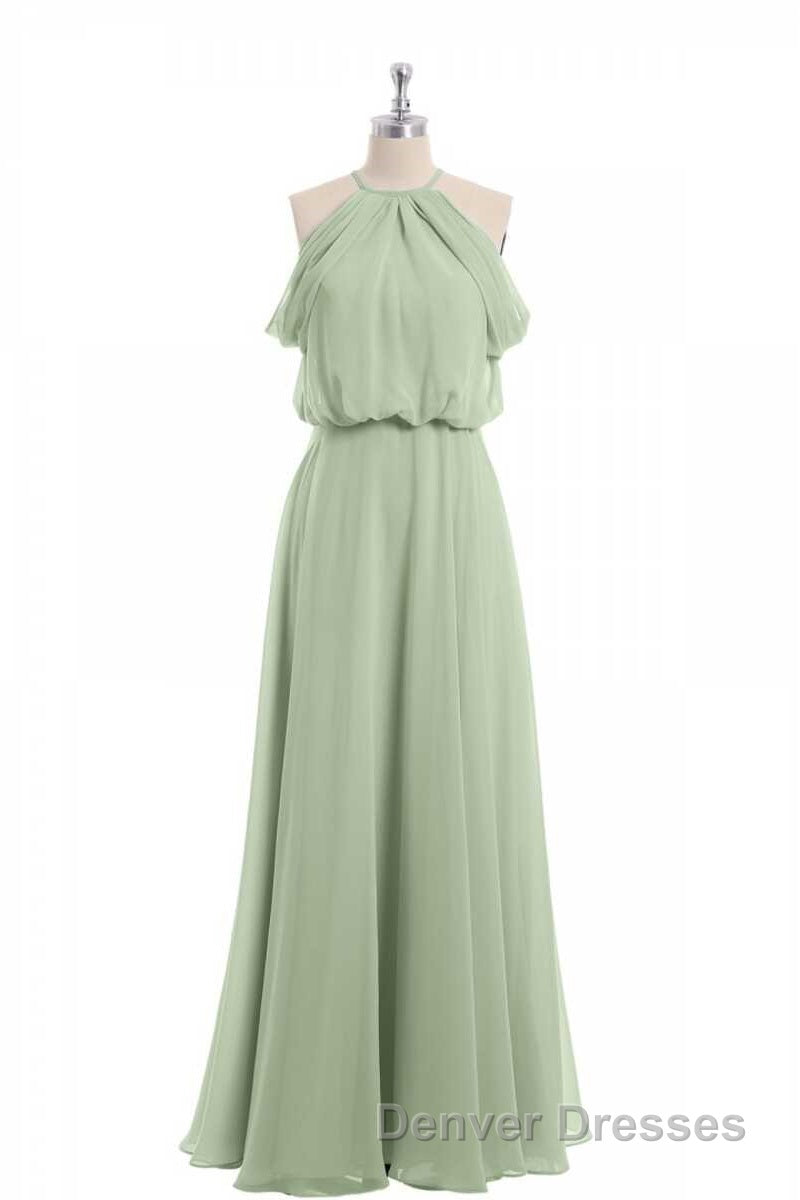 Sage Green Chiffon Halter Blouson-Style Long Bridesmaid Dress