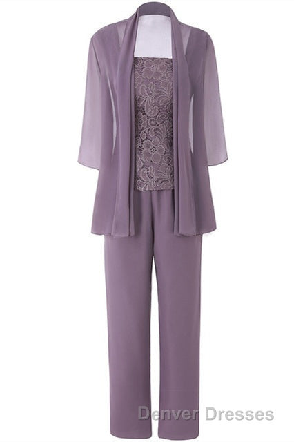 Three-Piece Mauve Square Neck Mother of the Bride Pant Suits