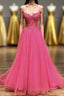 Hot Pink Floral Spaghetti Straps A-line Long Prom Dress