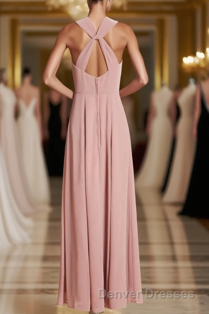 Dusty Pink Twist-Front Backless Long Formal Dress Main image