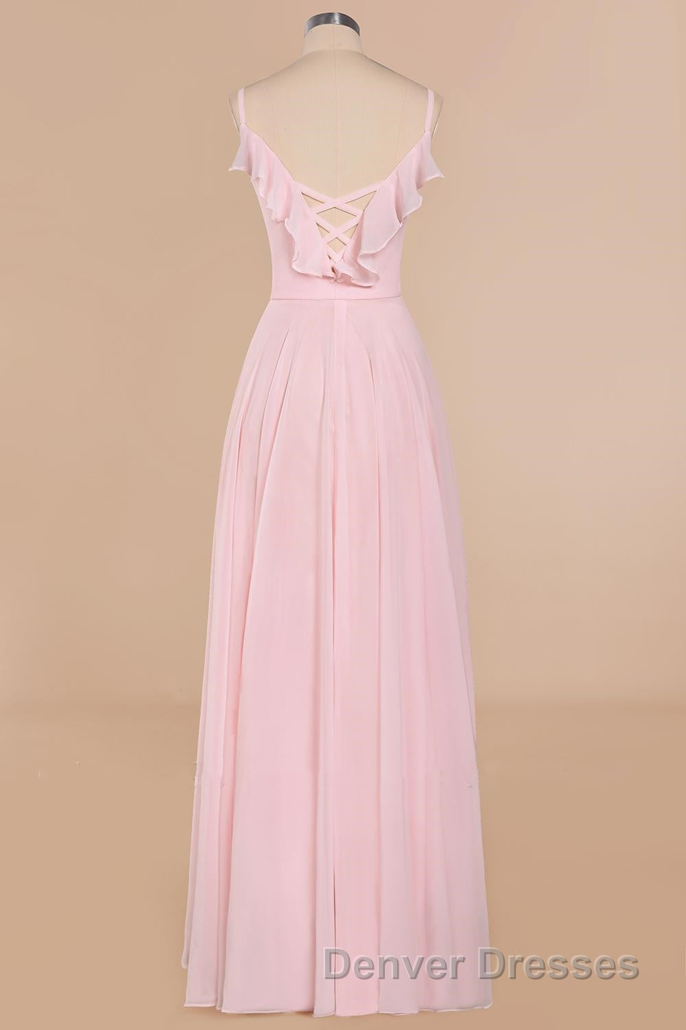 Pink Ruffle Lace-Up A-Line Long Bridesmaid Dress
