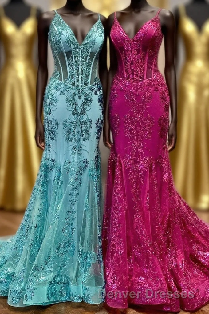 Fuchsia Mermaid Sequined Embroidery Tulle Long Prom Dress Main image