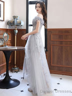Gray Sweetheart Neck Tulle Long Prom Dress Gray Evening Dress
