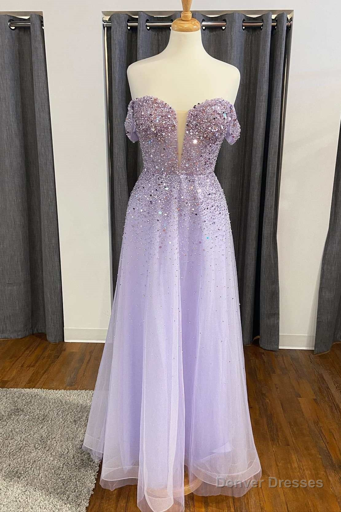Shiny Lavender Sequin Off-the-Shoulder A-Line Prom Gown Main image