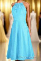 Pool Blue Chiffon Halter Short Bridesmaid Dress
