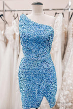 Sky Blue One Shoulder Sequins Sheath Cut-Out Homecoming Dress
