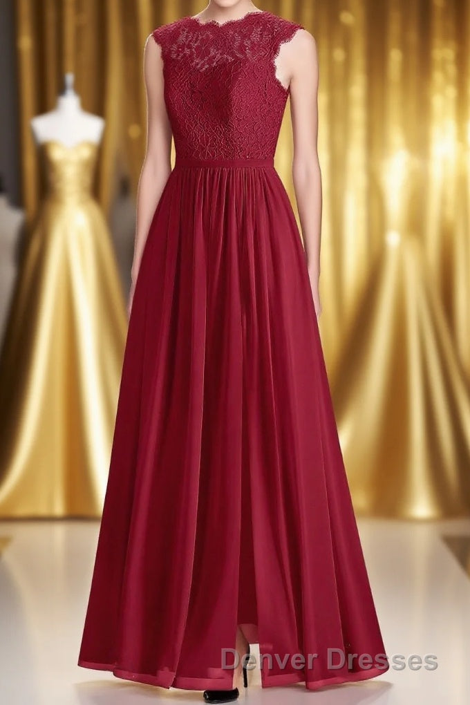 Red Lace Cap Sleeve A-Line Long Bridesmaid Dress Main image