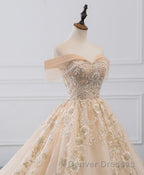 Champagne Off Shoulder Tulle Lace Long Wedding Dress, Wedding Gown