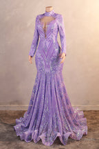 High Neck Long Sleeve Sweep Train Zipper Mermaid Evening Dress