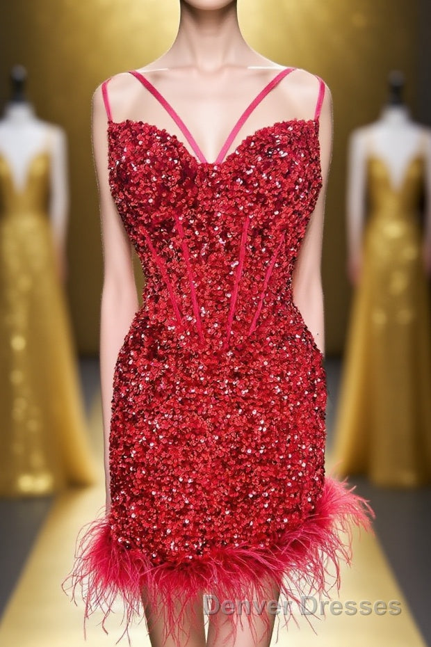 Feathers Red Sequin Straps Bodycon Short Homecoming Dress Main image