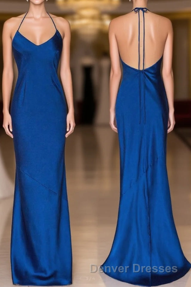 Mermaid Halter Royal Blue Satin Long Prom Gown Main image