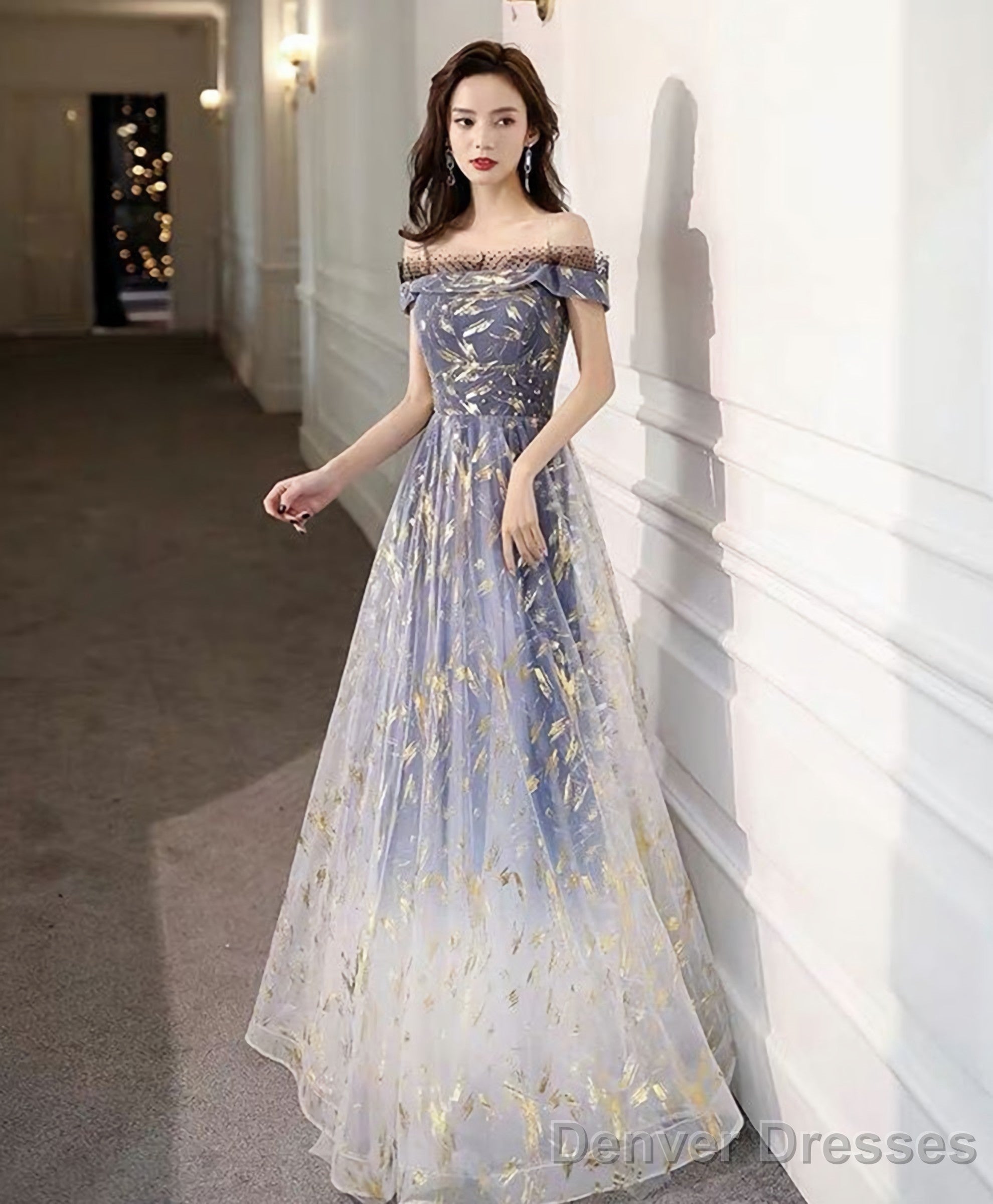 Blue Tulle Off Shoulder Lace Long Prom Dress Tulle Formal Dress Main image