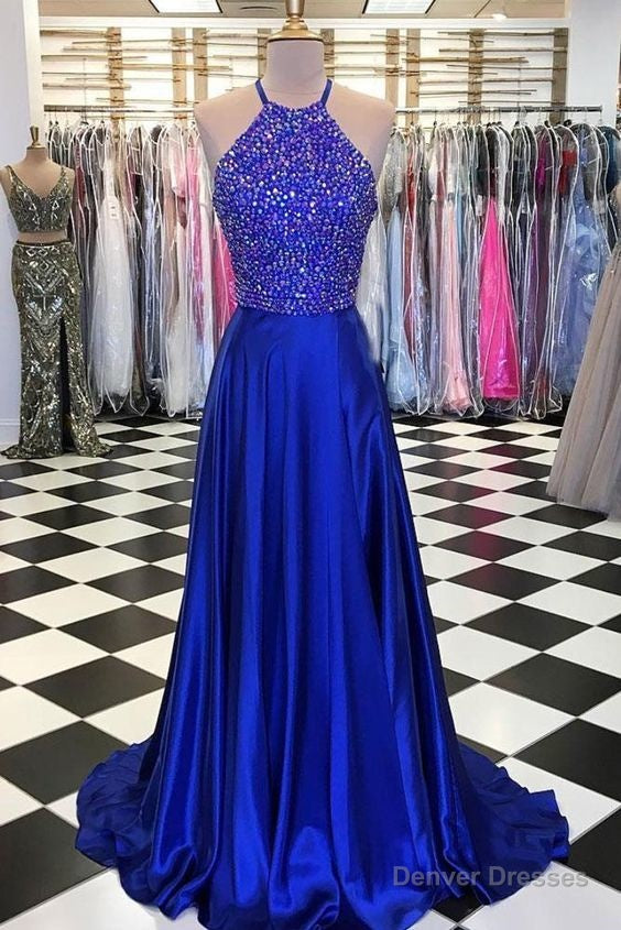 blue a line beads long prom dress blue evening dress Main image