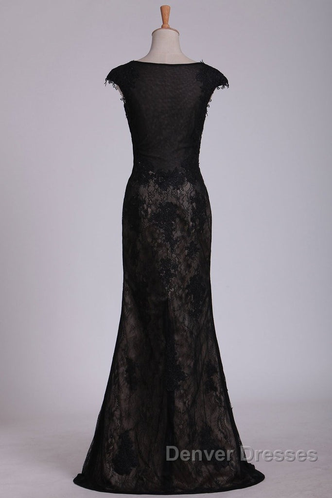 Black Off The Shoulder Sheath Prom Dress Lace&Tulle Floor Length With Applique & Slit Secondary image