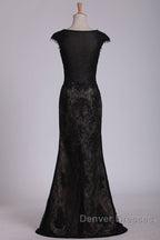 Black Off The Shoulder Sheath Prom Dress Lace&Tulle Floor Length With Applique & Slit