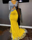 Sexy Yellow Prom Dresses Luxury for Black Girl Mermaid Illusion Bead Long Sleeve Tassel Evening Gowns