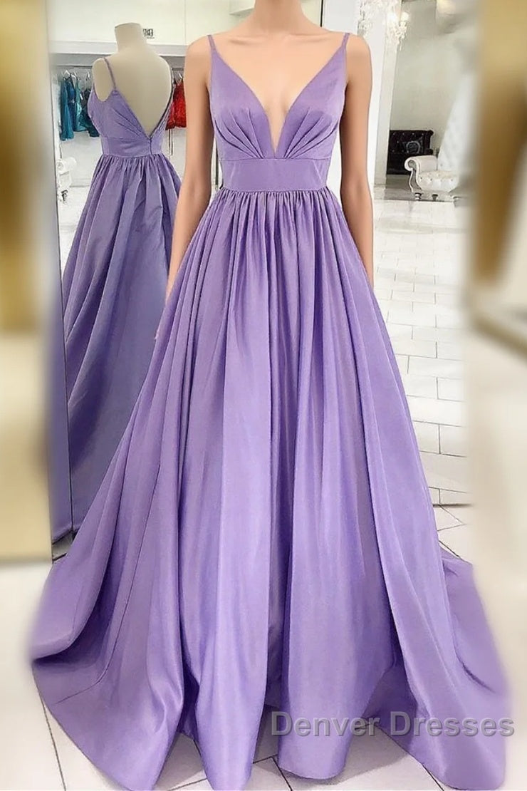 Straps V Neck Satin Maxi Prom Dress Lavender Formal Evening Gown Main image