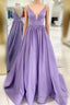 Straps V Neck Satin Maxi Prom Dress Lavender Formal Evening Gown