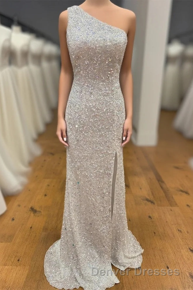 One Shoulder Ivory Sequined Long Party Dress Main image