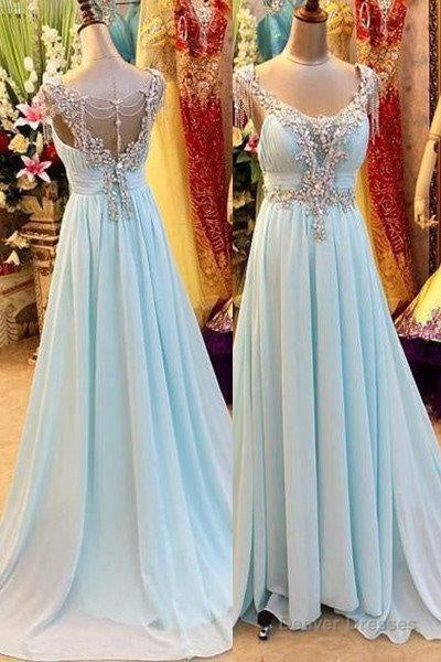 A-Line/Princess V-Neck Sleeveless Sweep/Brush Train Chiffon 2025 Blue Prom Dresses