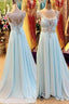 A-Line/Princess V-Neck Sleeveless Sweep/Brush Train Chiffon 2025 Blue Prom Dresses