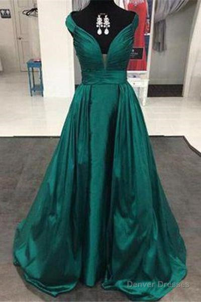 Dark Green A-Line/Princess V-Neck Sleeveless Natural Zipper Sweep Train Satin Prom Dresses Main image
