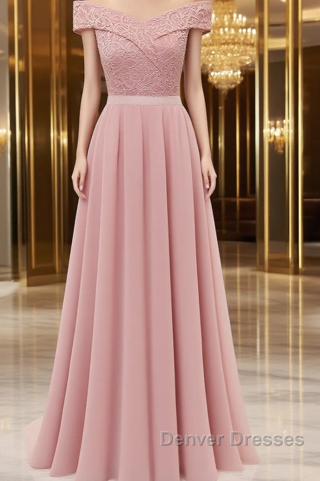 Womens Lace Bridesmaid Dress A-Line Off Shoulder Floral Lace Chiffon Prom Dress Main image