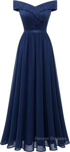 Womens Lace Bridesmaid Dress A-Line Off Shoulder Floral Lace Chiffon Prom Dress