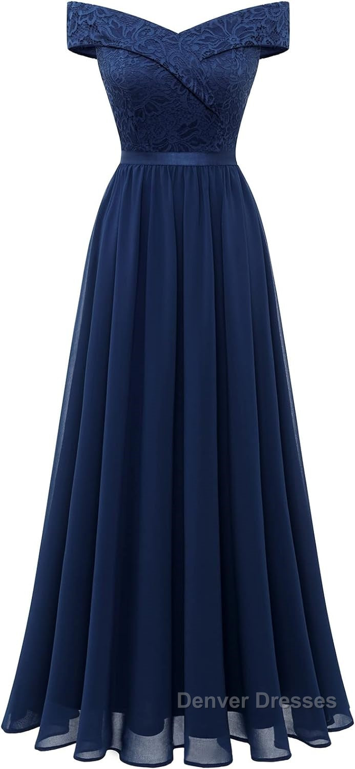 Womens Lace Bridesmaid Dress A-Line Off Shoulder Floral Lace Chiffon Prom Dress