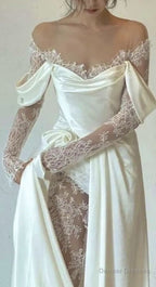 Ivory Lace Satin Wedding Dresses, Off The Shoulder Bridal Dresses
