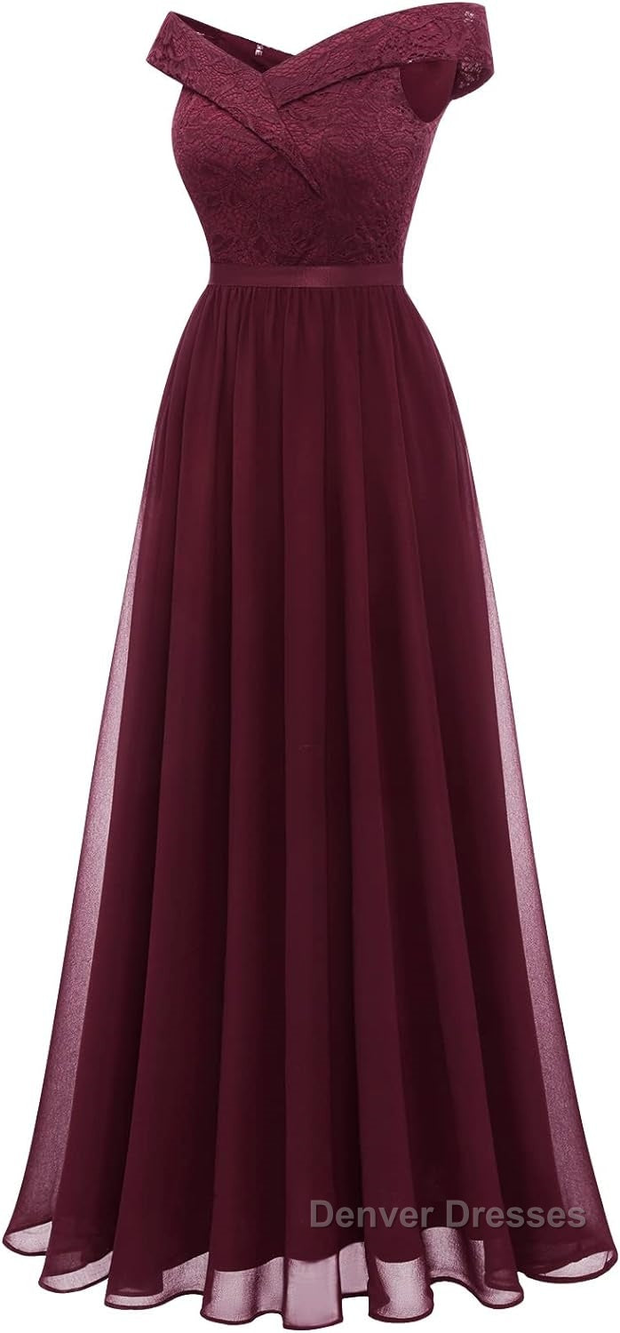 Womens Lace Bridesmaid Dress A-Line Off Shoulder Floral Lace Chiffon Prom Dress