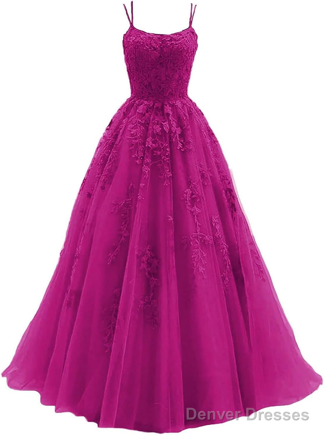 Womens Lace Appliques Prom Dresses Long Spaghetti Strap Ball Gowns Tulle Formal Dress for Party Secondary image