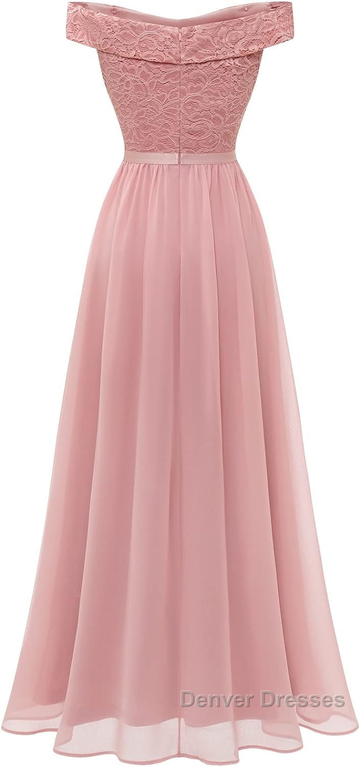 Womens Lace Bridesmaid Dress A-Line Off Shoulder Floral Lace Chiffon Prom Dress