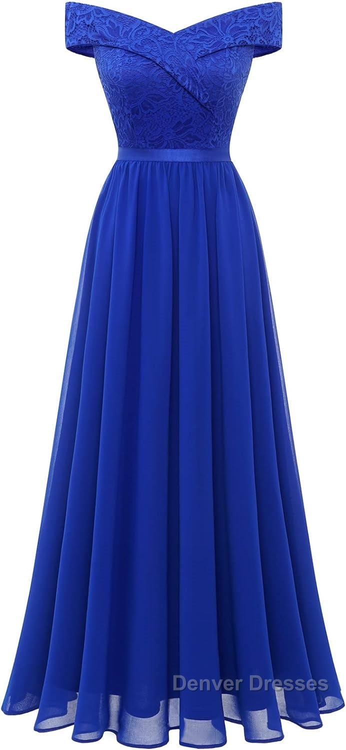 Womens Lace Bridesmaid Dress A-Line Off Shoulder Floral Lace Chiffon Prom Dress