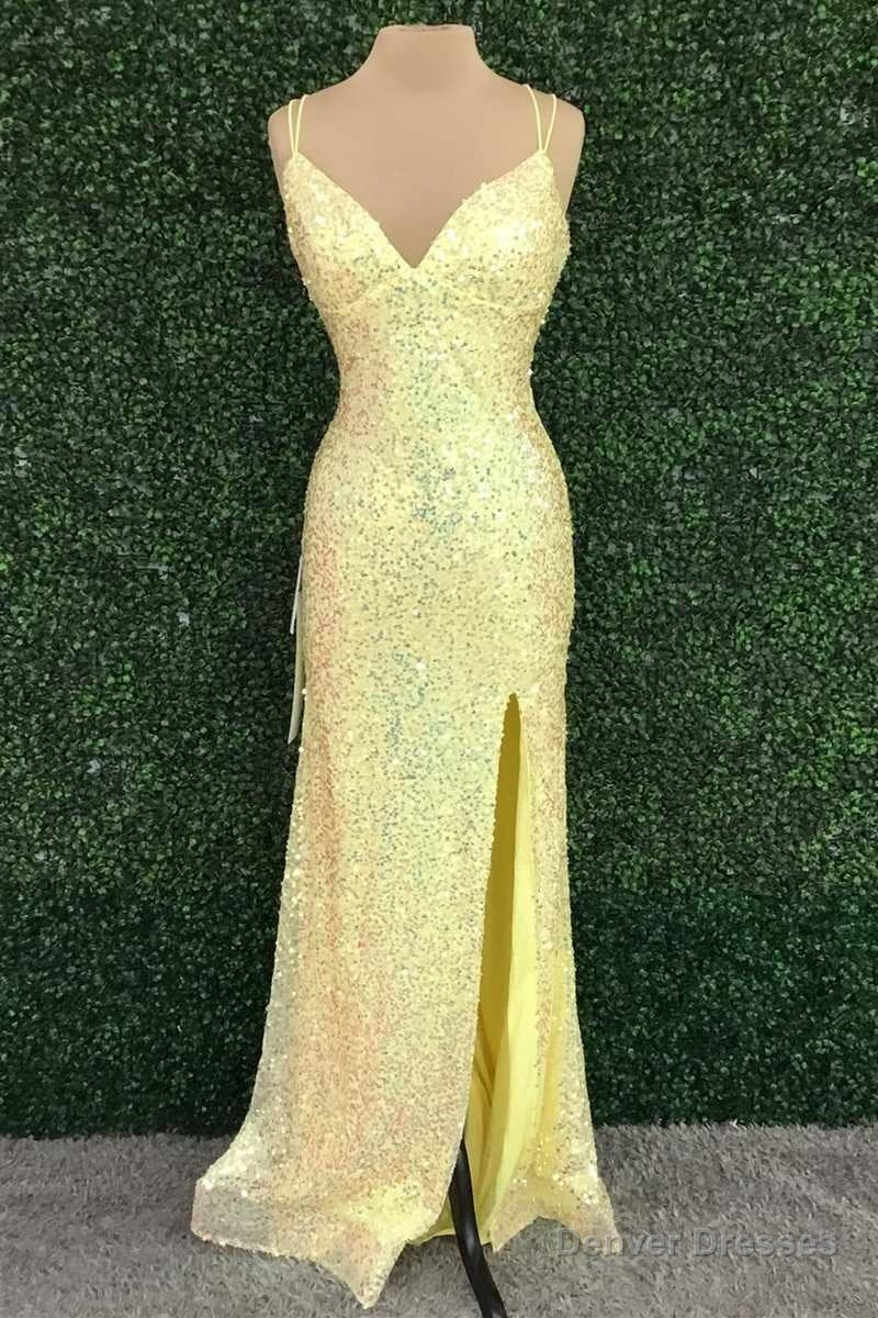 Yellow Sequin V-Neck Lace-Up Back Long Prom Dress with Slit Main image
