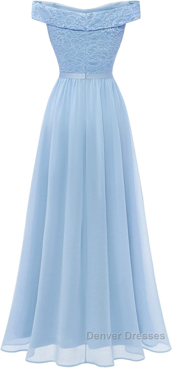 Womens Lace Bridesmaid Dress A-Line Off Shoulder Floral Lace Chiffon Prom Dress