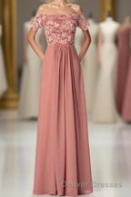 Dusty Rose Square Neck Short Sleeve Long Bridesmaid Dress